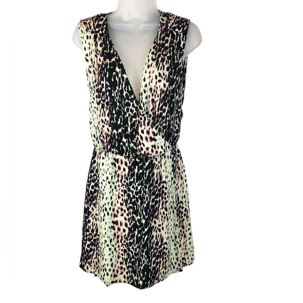 DRESS - Women's Parker Black, White And Pink Leopard Print V-Neck Mini Dress. S